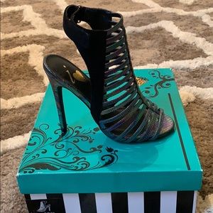 Brand New In Box Heels Black Multi Color Chrome